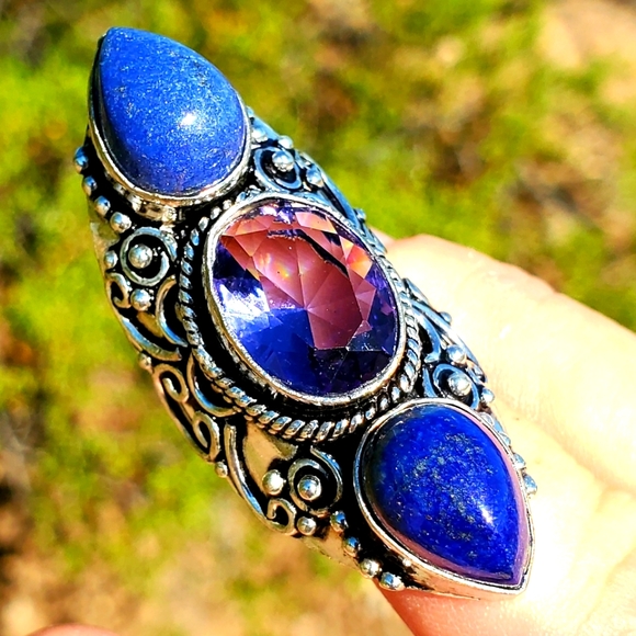 New Amethyst and Lapis Lazuli 925 Silver Statement Ring. - Picture 1 of 16